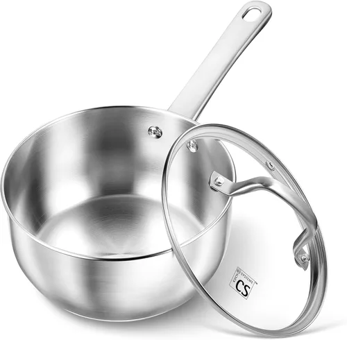 KOCH SYSTEME CS Cacerola de acero inoxidable de 1 cuarto de galón, cacerola de 1 cuarto de galón con tapa, sartén de acero premium, sartén Indutcion