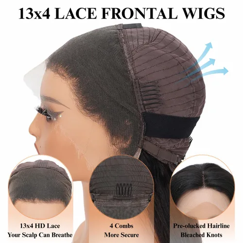 Miniatura 3 de AAKJJ Pelucas de cabello humano con encaje frontal, densidad del 200%, peluca lacia prearrancada, suave, color natural, 13x4, peluca frontal