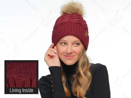 Miniatura 2 de C.C Gorro grueso, de punto trenzado, con pompón, de pelo sintético mullido, forro de vellón y dobladillo