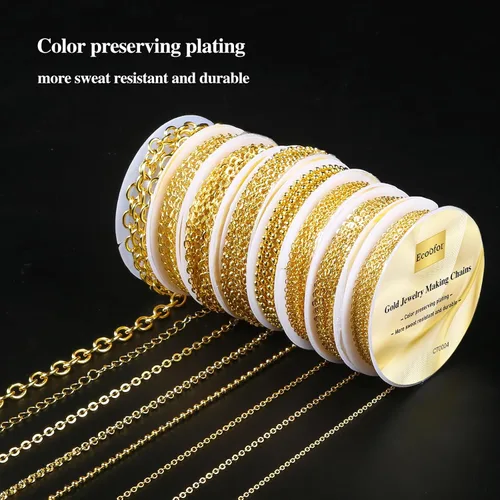 Miniatura 4 de Ecoofor Cadenas de collar de oro para hacer joyas, 62.3 pies, 8 rollos de cadenas de joyería para hacer collares, pulseras y joyas con anillos