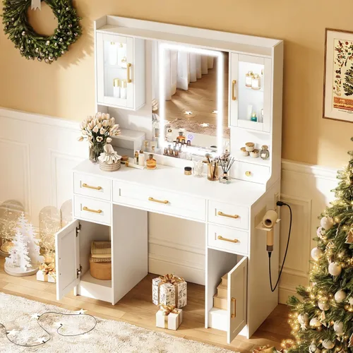 Miniatura 20 de KAMABOKO Escritorio de tocador con luz y espejo, mesa de maquillaje blanca con cajones y estación de carga, 3 modos ajustables para dormitorio y 042