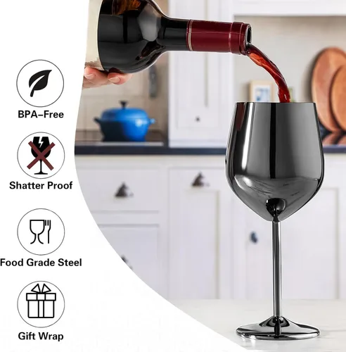 Miniatura 4 de WOTOR Juego de 4 copas de vino negras, copas de vino de acero inoxidable de 18 onzas, irrompibles y portátiles, copas de vino de metal con tallo