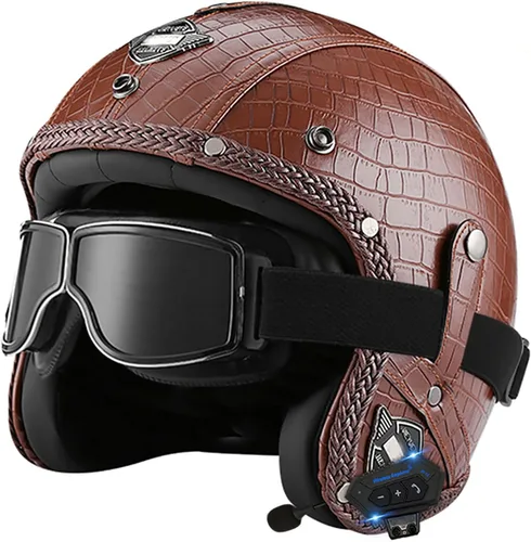 Miniatura 14 de Casco retro de motocicleta con Bluetooth, casco de cuero Jet con gafas personalizadas, medio casco de motocicleta 3/4 aprobado por DOT, casco
