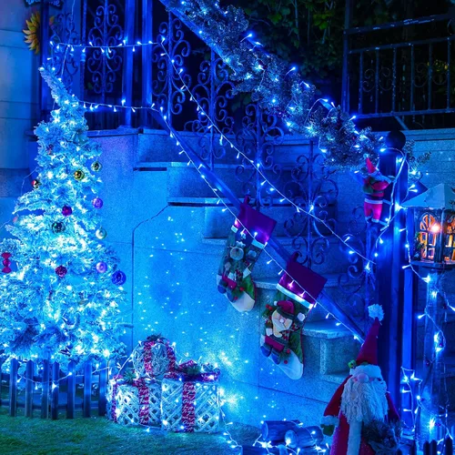 Miniatura 2 de JMEXSUSS 150 luces LED azules de Navidad para interiores y exteriores, luces de cadena conectables de 59 pies con enchufe, 8 modos de luces de hadas