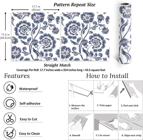 Miniatura 8 de VEELIKE Papel tapiz autoadhesivo con diseño floral vintage gris y azul de 17.7 x 354 pulgadas, papel de contacto autoadhesivo extraíble