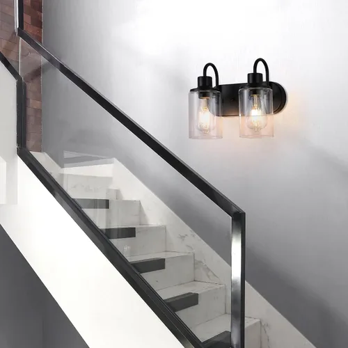 Miniatura 7 de Lámpara de baño negra mate sobre espejo, lámpara de tocador de baño de 2 luces con pantalla de vidrio transparente, apliques de pared modernos