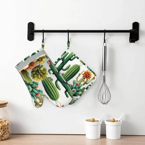Miniatura 7 de Juego de manoplas de horno de cactus y soportes para ollas, guantes de horno de silicona resistentes al calor para cocinar, guantes de horno