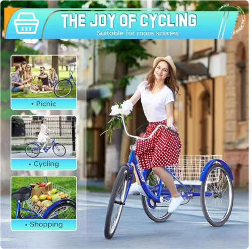 Miniatura 2 de 24/26 Inch Adult Tricycle, 3 Wheel Bikes with Large Basket, Cruiser Bike for Women/Men/Seniors, Adult Trike for Outdoor/Shopping/Recreation/Picnic