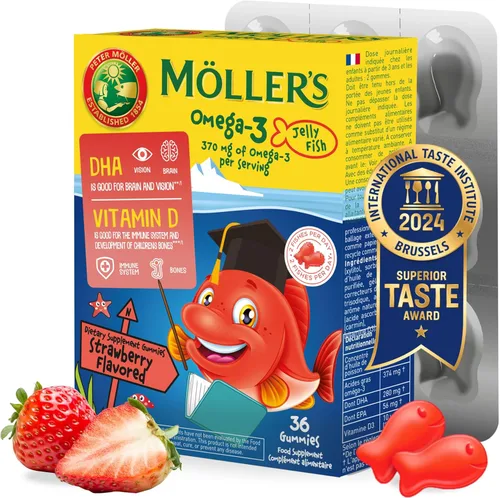 MÖLLER'S Omega 3 cápsulas, aceite de pescado natural Omega3 para niños con DHA y EPA, sin gluten, lactosa o azúcar añadido y fácil de masticar,
