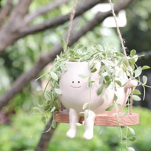 Miniatura 5 de Maceta grande con cara sonriente oscilante, macetas colgantes para plantas de interior y exterior, divertidas macetas para suculentas para cadena
