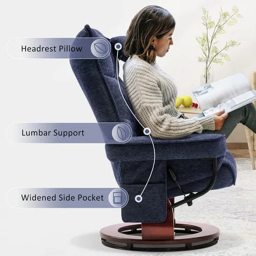 Miniatura 4 de MCombo Sillón reclinable giratorio con otomana, juegos de sillas de TV con masaje por vibración, ideal para espacios pequeños, sala de estar y Azul