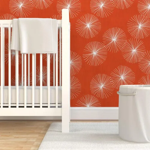Miniatura 6 de Spoonflower Muestro de papel tapiz extraíble - Dandelions Mid Century Mod Circle Copo de nieve redondo Minimalista Naranja Rojo Papel pintado