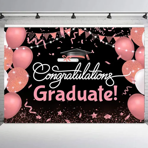 Miniatura 13 de Telón de fondo de graduación de 5 x 3 pies para sesión de fotos, globos negros y dorados, felicitaciones, graduados, clase de 2025, felicitaciones
