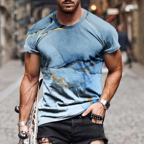Miniatura 2 de Tops básicos Hombres Impresión Digital 3D Jersey Camisa Estampado mármol Camiseta Manga Corta Blusa Cuello Redondo