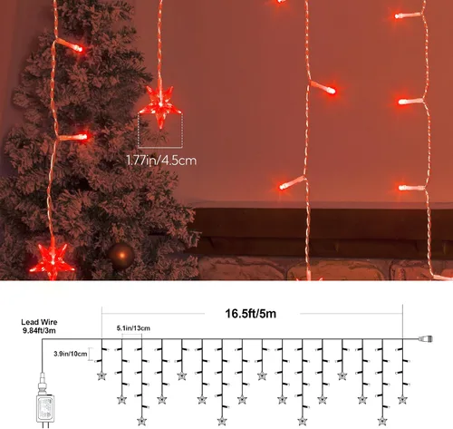 Miniatura 5 de Cadena de luces de Navidad con diseño de carámbanos de 200 LED con estrella, 5 metros de largo, 40 gotas, 8 modos con temporizador, luces
