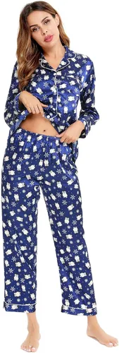 Miniatura 3 de SWOMOG - Conjunto de pijama de dos piezas, de satén de seda con botones, para mujer