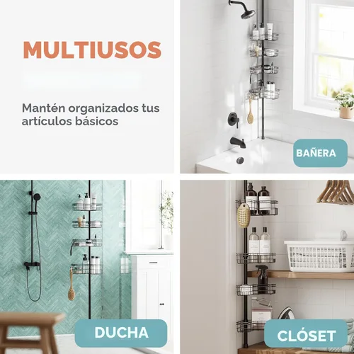 Miniatura 7 de Zenna Home Organizador de esquina con barra de tensión, organizador de ducha ajustable con 4 cestas en forma de L y ganchos, organizador de barra