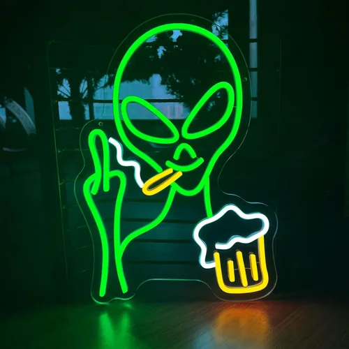 Letrero de neón de alienígena verde, luz de neón de alienígena para barra de cerveza para decoración de pared, luces LED regulables para dormitorio,