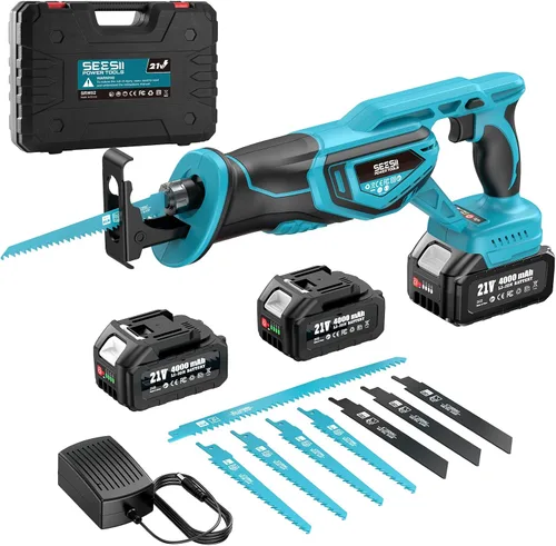 Miniatura 10 de SEESII Sierra de vaivén inalámbrica, motor sin escobillas de velocidad variable de 3500 RPM con 8 hojas de sierra, 2 baterías de 4.0Ah, luz LED