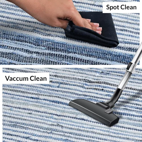 Miniatura 5 de HOMEMONDE Alfombra de trapo de mezclilla de 20"x32" azul de algodón suave reciclado Chindi hecha a mano reversible alfombras bohemio para entrada