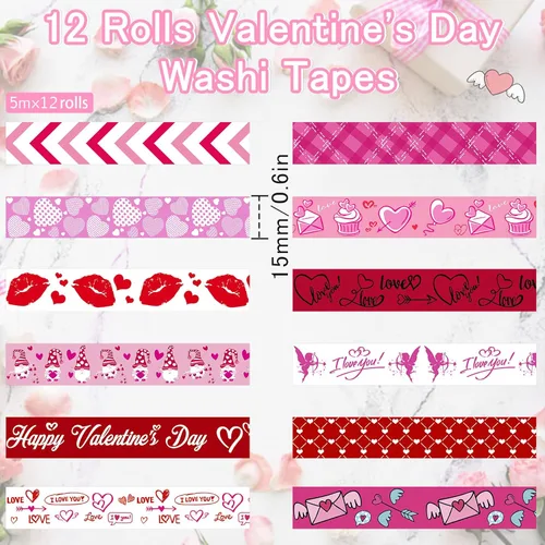Miniatura 2 de SANNIX 12 rollos de cinta Washi para el día de San Valentín 15mm rojo y rosa cinta adhesiva de amor para San Valentín, cintas de carrocería