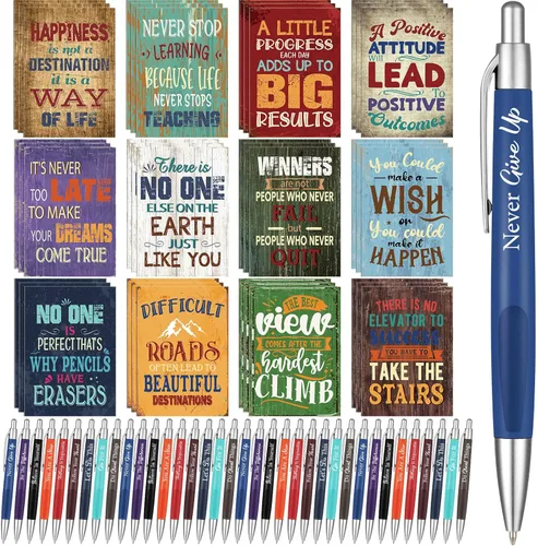 Miniatura 6 de Yeaqee Juego de 72 Piezas de Bolígrafos Motivacionales y Blocs de Notas, Bolígrafo de Punta de Bola con Citas Inspiradoras, Cuaderno Pequeño, Mini