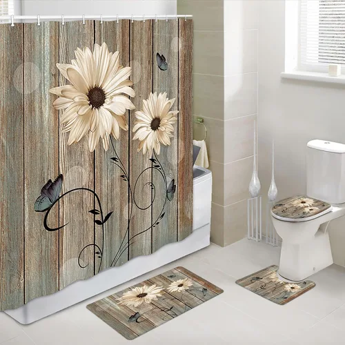 Miniatura 15 de Alfombra de baño rústica blanca floral, flores y mariposas en tabla de madera vieja, antideslizante, juego de alfombras de baño vintage