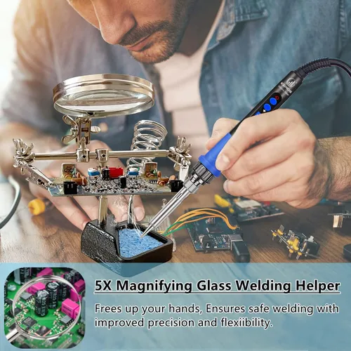Miniatura 3 de Kit de soldador, soldador digital LCD de alta potencia de 100W, kit de soldadura para reparación de placas de circuito con lupa y manos de ayuda