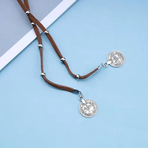 Miniatura 4 de Collar largo vintage de gamuza Vagan marrón Boho cuero Wrap Gargantilla Collar de cuero disco moneda collar suéter cadena joyería para mujeres