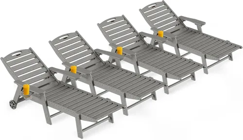 Miniatura 36 de Ciokea Silla de Descanso para Exteriores, Tumbona de Gran Tamaño con 5 Posiciones, HDPE, Silla de Descanso de Patio con Ruedas y Portavasos para Gris