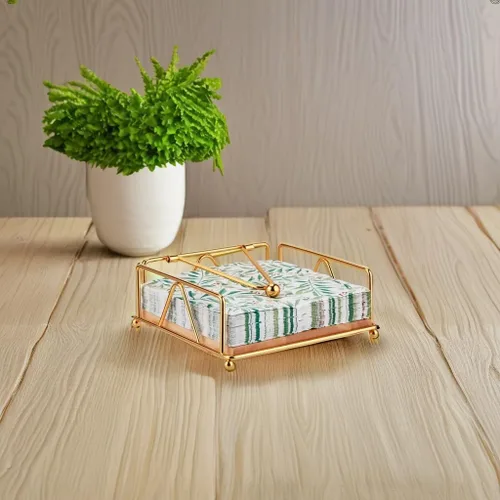 Miniatura 5 de Servilletero moderno de hierro fundido dorado con base de madera, diseño cuadrado resistente, perfecto para cocina, mesa de comedor, uso al aire