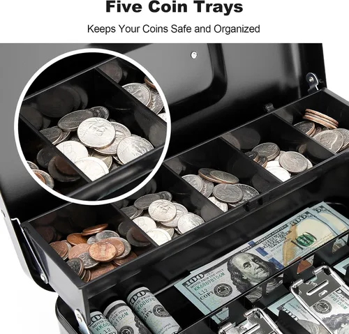 Miniatura 7 de Caja de efectivo con bandeja de dinero y cerradura, caja de dinero segura para efectivo, caja de bloqueo de metal con combinación, organizador