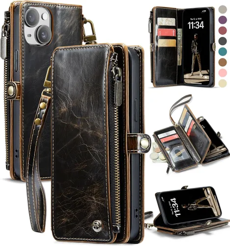 Miniatura 19 de Defencase Compatible con iPhone 15 Plus Funda Cartera con Tarjetero de Bloqueo RFID para Mujeres y Hombres, Cuero PU Cierre Magnético Plegable Rojo