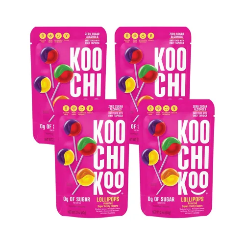 Koochikoo Sugar Free Lollipops Pouch, Assorted Fruit Flavors, No Sugar Added, Gluten Free & Vegan, 10 CT Lollipops/Pouch (Pack of 4 Pouches)