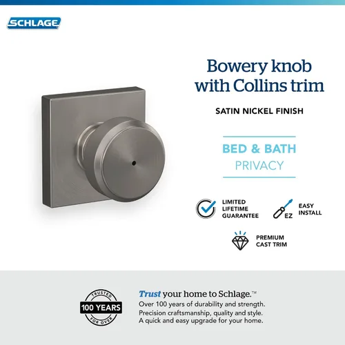 Miniatura 4 de Schlage F40 BWE 619 COL Pomo para puerta Bowery con moldura Collins, cerradura de privacidad para dormitorio y baño, níquel satinado