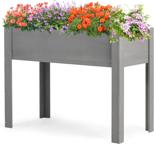 Miniatura 17 de Cama de jardín elevada con patas (31 x 16 x 31 pulgadas), maceta elevada de madera maciza para exteriores Gris