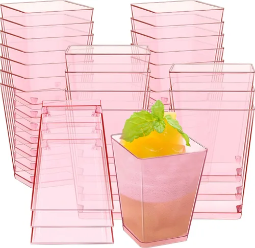 Miniatura 17 de Mifoci 50 tazas de plástico de 5 onzas para postre de color rosa para fiestas, mini tazones cuadrados desechables para postre, cuencos de parfait