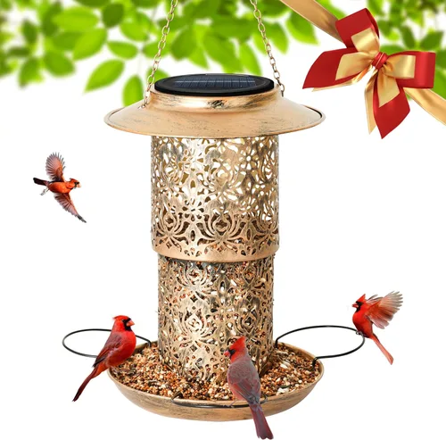 Miniatura 8 de Ottsuls Comedero solar para pájaros para colgar al aire libre, farol de jardín de cardenales salvajes de metal con gancho en S, comedero para Marrón