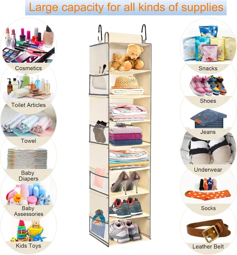 Miniatura 6 de Organizador de zapatos colgante de gran tamaño con 8 estantes, organizador colgante de armario con 8 bolsillos laterales, estantes colgantes más