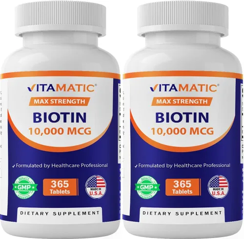 Vitamatic Biotina 10,000 mcg (10 mg) para cabello, piel y uñas más fuertes - 365 tabletas veganas - también llamada vitamina B7-2 paquete