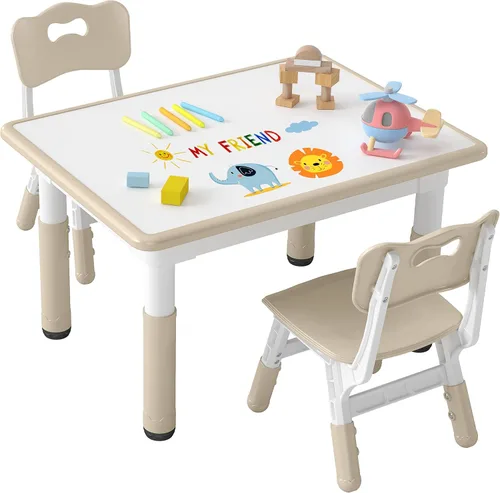 DOREROOM Juego de mesa y 2 sillas para niños, mesa y sillas para niños pequeños de altura ajustable con escritorio de graffiti, 31.5 pulgadas de