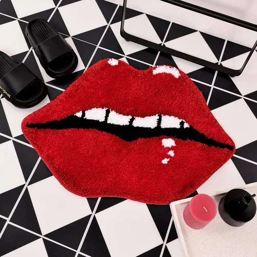 Miniatura 8 de Panstar Alfombra de baño de labios rojos, bonita y divertida alfombra de baño con forma de labios mordedores, antideslizante, absorbente, alfombra
