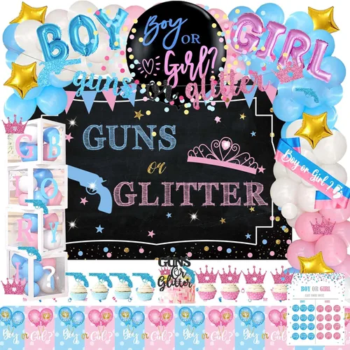 Miniatura 11 de Hombae - 170 piezas de decoraciones para revelación de género “cajas de bebé”, con fondo, guirnalda de globos, pancarta, mantel