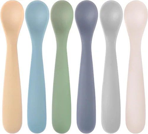 Eascrozn cucharas de silicona para bebé autoalimentación 6+ meses, paquete de 6 piezas, suministros de destete con luz LED para bebés de la primera