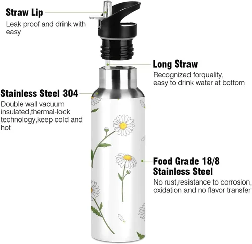 Miniatura 3 de White Daisies Flowers Stainless Steel Vacuum Insulated Water Bottle 20 Oz Leakproof Water Bottles, BPA-Free Sports Water Bottle with Straw