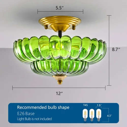 Miniatura 4 de Lámpara de Techo Moderna Semiempotrada, Luminaria de Techo de 3 Luces Negra Cerca del Techo con Pantalla de Vidrio Verde para Sala de Estar
