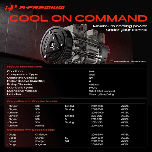 Miniatura 2 de A-Premium Compresor de A/C con embrague compatible con Chrysler 300 2007-2010, Dodge Charger Challenger 2009-2010, Magnum 2007-2008, 3.5L 4.0L