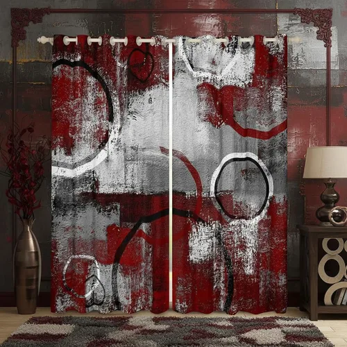Miniatura 18 de Cortina de ventana de rayas rojas y negras, cortinas abstractas con ondas circulares, cortinas geométricas para tratamiento de ventanas para niños