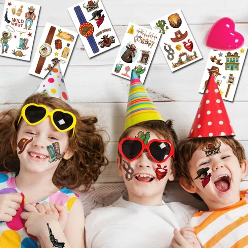 Miniatura 5 de CHARLENT Tatuajes temporales de vaquero para niños, 100 tatuajes temporales de vaquero occidental para niños, regalos de fiesta de cumpleaños