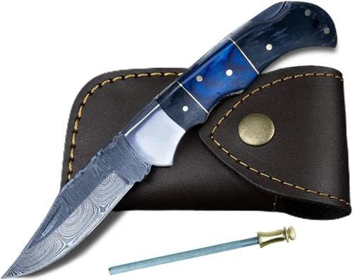 Miniatura 21 de Cuchillo de bolsillo de hueso de camello de acero damascus para hombres, regalos plegables de cuchillo de hoja para él, cuchillos hechos a mano